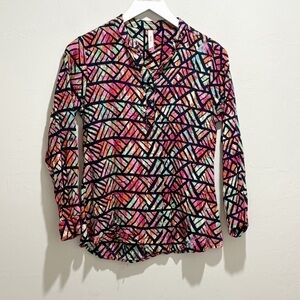 RECAP Women’s Multicolor Geometric Print Long Roll Tab Sleeve Popover Top Size L